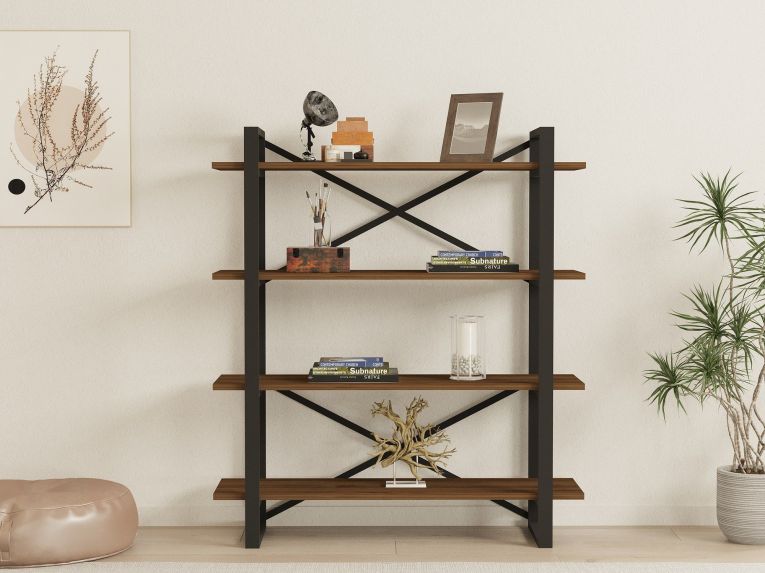 Libreria Marrone Nero 4 Ripiani Installazione Libera 106x33x120h cm, Materiale Struttura in Metallo - Inverigo