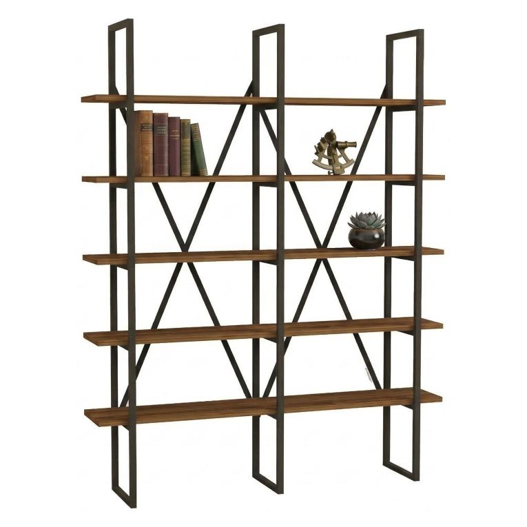 Libreria Marrone Nero 5 Ripiani Installazione Libera 126x26x160h cm, Materiale Struttura in Metallo - Muggio