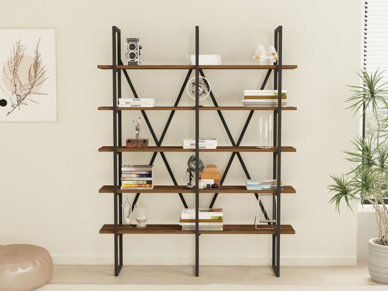 Libreria Marrone Nero 5 Ripiani Installazione Libera 126x26x160h cm, Materiale Struttura in Metallo - Muggio