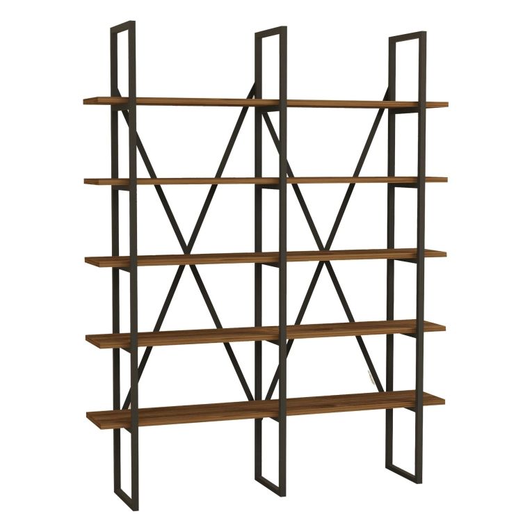 Libreria Marrone Nero 5 Ripiani Installazione Libera 126x26x160h cm, Materiale Struttura in Metallo - Muggio