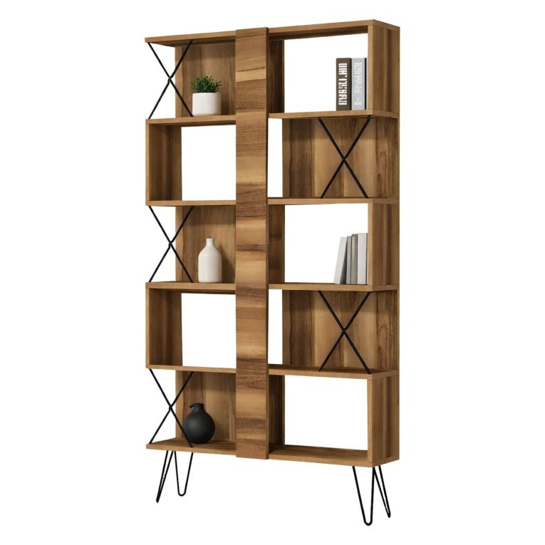 Libreria Marrone Noce 10 Ripiani Installazione Libera 90x22x167h cm, Struttura Verticale - Campagna