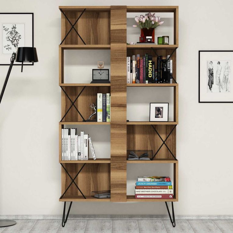 Libreria Marrone Noce 10 Ripiani Installazione Libera 90x22x167h cm, Struttura Verticale - Campagna