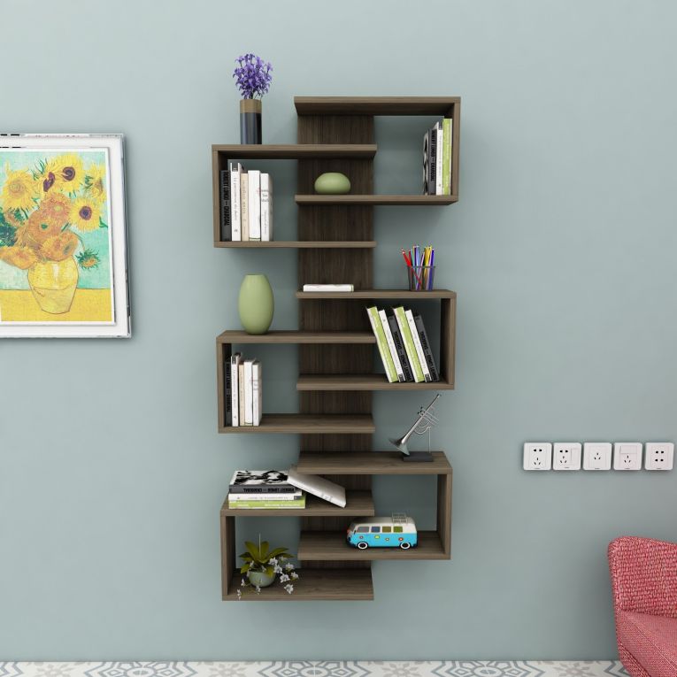 Libreria Marrone Noce 11 Ripiani Installazione Fissaggio al Muro 75x21x161h cm, Sfumatura Colore Struttura Noce - Trenzano