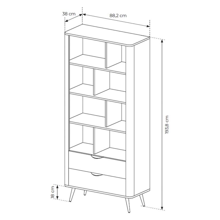 Libreria Marrone Noce 2 Cassetti 4 Ripiani 88x38x194h cm, con Piedini - Kada