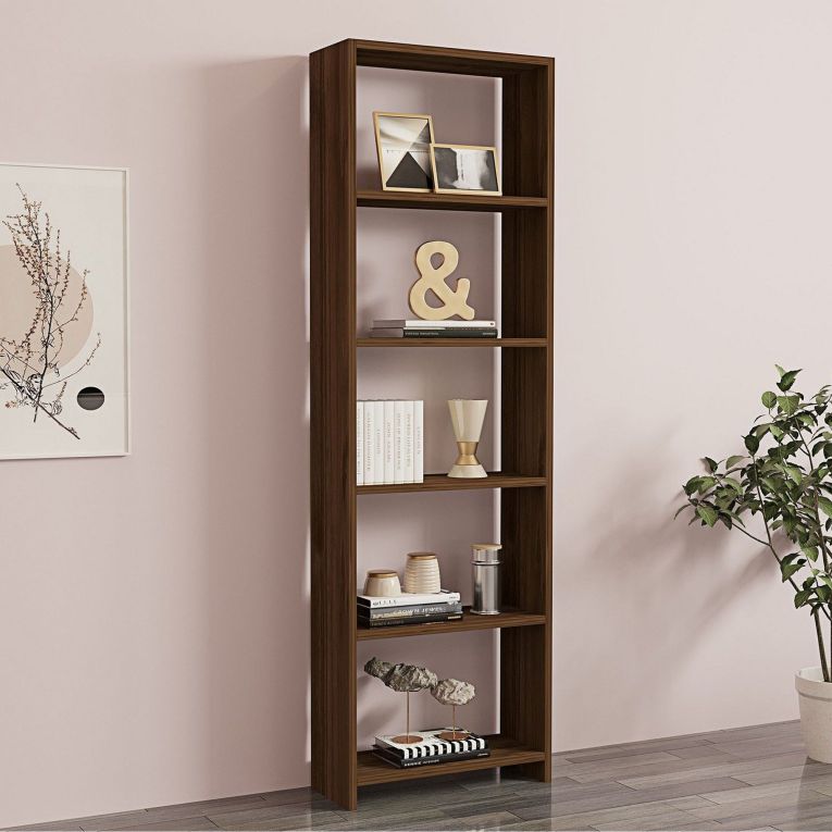 Libreria Marrone Noce 5 Ripiani Installazione Libera 50x20x160h cm, Struttura Verticale - Burcei