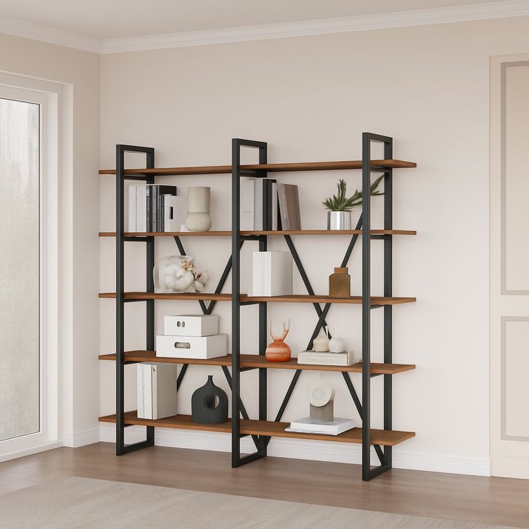 Libreria Marrone Noce 5 Ripiani Utilizzabile Come Divisorio Locale 154.8x34x180h cm, Struttura Bifacciale - Colli