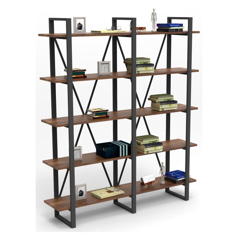 Libreria Marrone Noce 5 Ripiani Utilizzabile Come Divisorio Locale 154.8x34x180h cm, Struttura Bifacciale - Colli