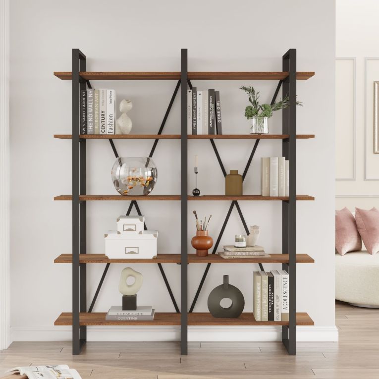 Libreria Marrone Noce 5 Ripiani Utilizzabile Come Divisorio Locale 154.8x34x180h cm, Struttura Bifacciale - Colli