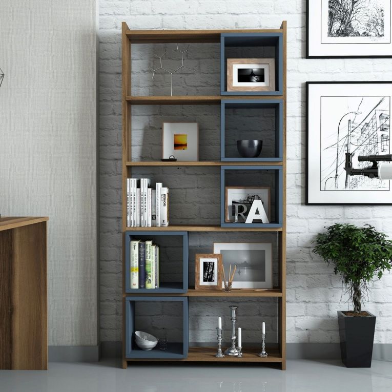Libreria Marrone Noce blu Ardesia 4 Ripiani Installazione Libera 80x22x170h cm, Sfumatura Colore Struttura Noce - Policoro