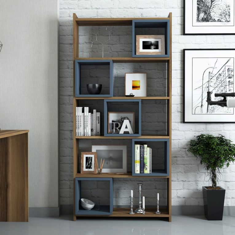 Libreria Marrone Noce blu Ardesia 4 Ripiani Installazione Libera 80x22x170h cm, Sfumatura Colore Struttura Noce - Policoro