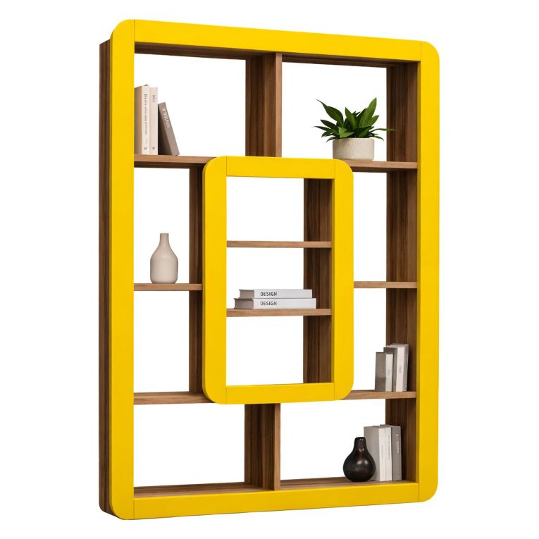 Libreria Marrone Noce Giallo 8 Ripiani Installazione Libera 108x22x140h cm, Sfumatura Colore Struttura Noce - Caltrano
