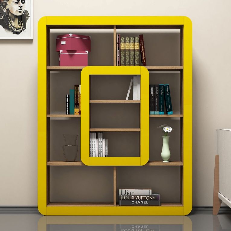 Libreria Marrone Noce Giallo 8 Ripiani Installazione Libera 108x22x140h cm, Sfumatura Colore Struttura Noce - Caltrano