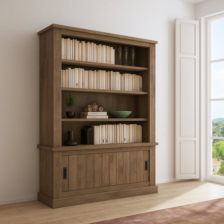 Libreria Marrone Noce Marrone Noce 3 Ripiani 2 Ante 122x40x203h cm, Installazione a Terra - Evandro