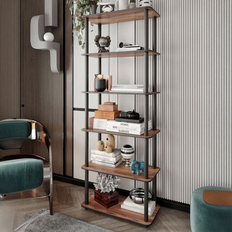 Libreria Marrone Noce Nero 4 Ripiani Installazione Libera 60x30x173h cm, Sfumatura Colore Struttura Noce - Nervina