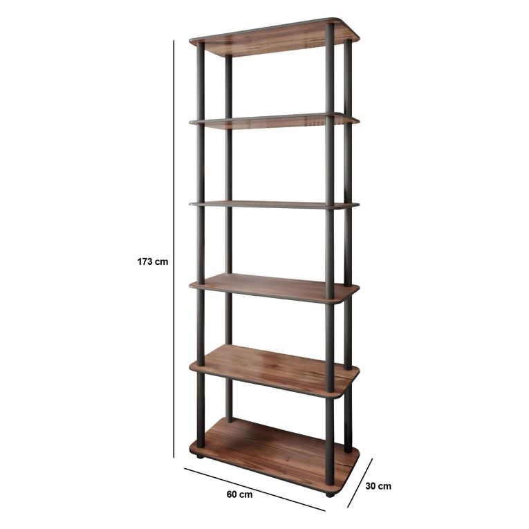 Libreria Marrone Noce Nero 4 Ripiani Installazione Libera 60x30x173h cm, Sfumatura Colore Struttura Noce - Nervina