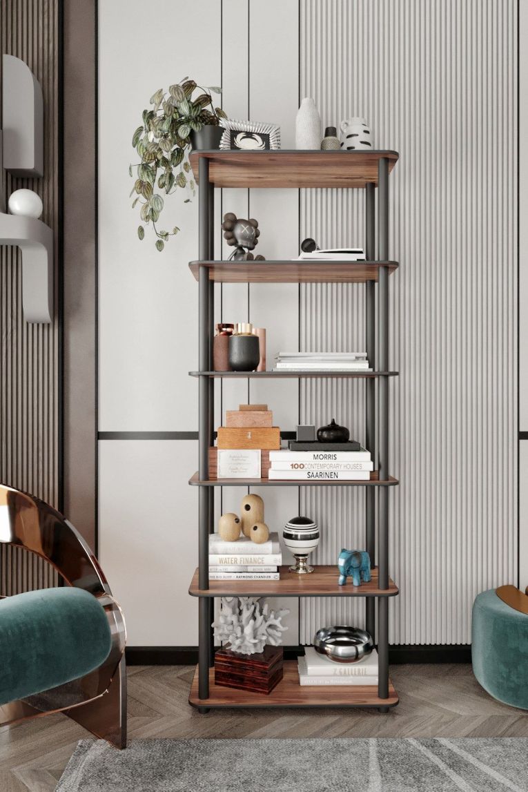 Libreria Marrone Noce Nero 4 Ripiani Installazione Libera 60x30x173h cm, Sfumatura Colore Struttura Noce - Nervina