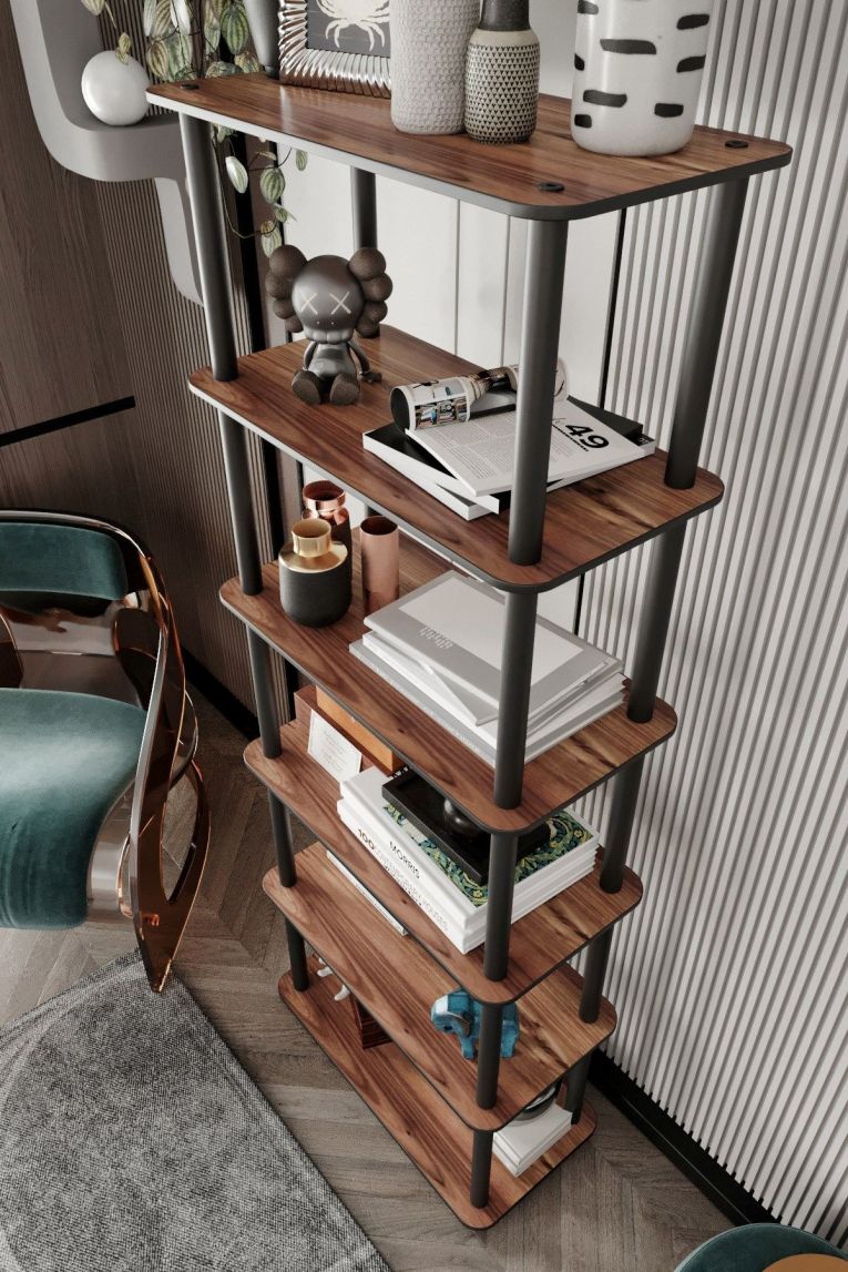 Libreria Marrone Noce Nero 4 Ripiani Installazione Libera 60x30x173h cm, Sfumatura Colore Struttura Noce - Nervina
