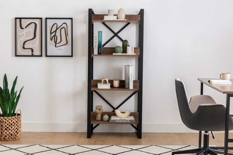 Libreria Marrone Noce Nero 4 Ripiani Installazione Libera 63x30x150h cm, Utilizzabile Come Divisorio Locale - Pignone