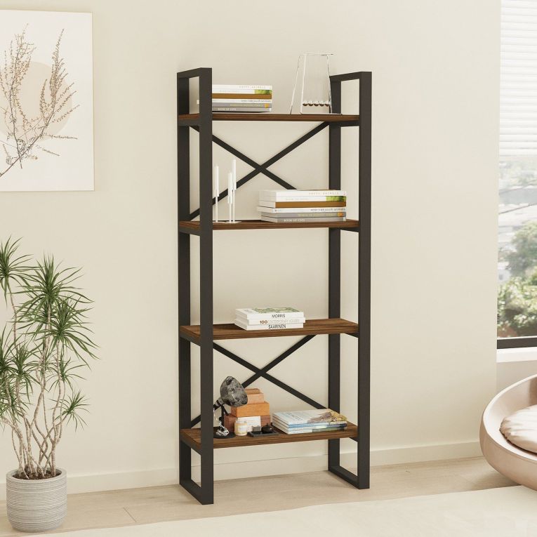 Libreria Marrone Noce Nero 4 Ripiani Installazione Libera 66x32x150h cm, Utilizzabile Come Divisorio Locale - Framur