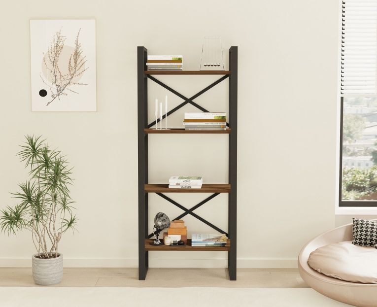 Libreria Marrone Noce Nero 4 Ripiani Installazione Libera 66x32x150h cm, Utilizzabile Come Divisorio Locale - Framur