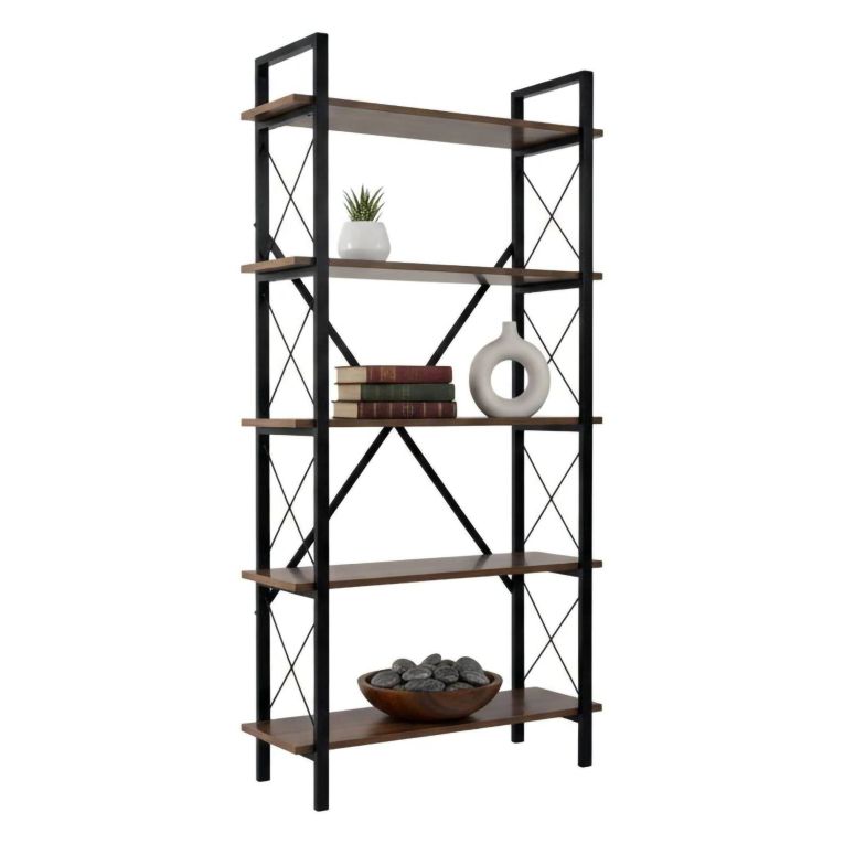 Libreria Marrone Noce Nero 5 Ripiani Installazione a Muro 90x34x180h cm, Colore Struttura Nero - Suriel