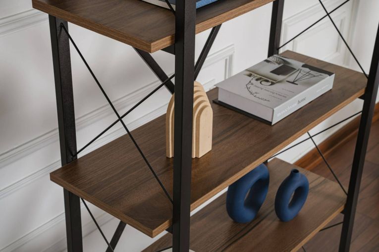 Libreria Marrone Noce Nero 5 Ripiani Installazione a Muro 90x34x180h cm, Colore Struttura Nero - Suriel