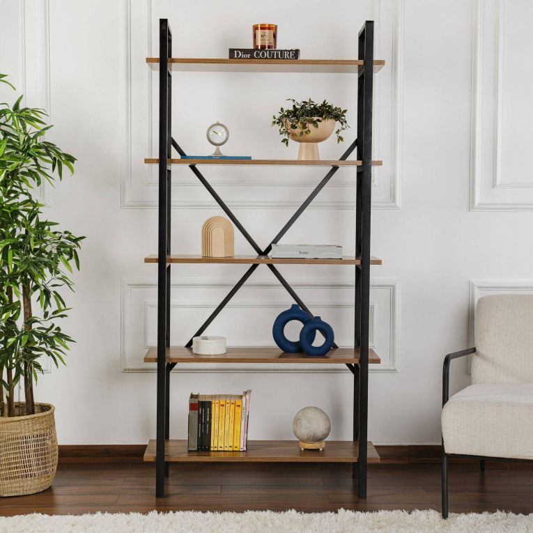 Libreria Marrone Noce Nero 5 Ripiani Installazione a Muro 90x34x180h cm, Colore Struttura Nero - Suriel