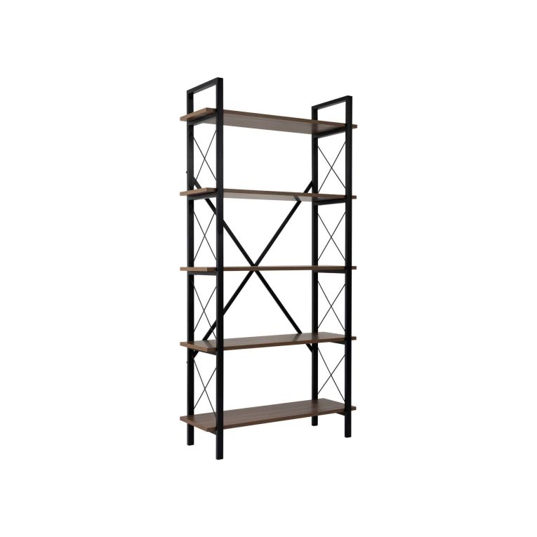 Libreria Marrone Noce Nero 5 Ripiani Installazione a Muro 90x34x180h cm, Colore Struttura Nero - Suriel