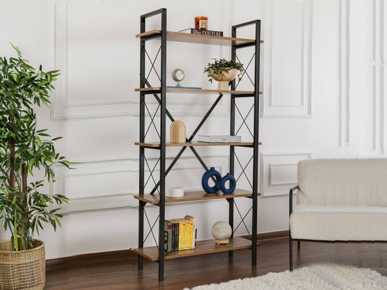 Libreria Marrone Noce Nero 5 Ripiani Installazione a Muro 90x34x180h cm, Colore Struttura Nero - Suriel