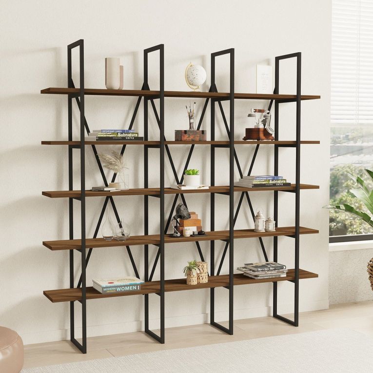 Libreria Marrone Noce Nero 5 Ripiani Installazione Libera 160x26x160h cm, Utilizzabile Come Divisorio Locale - Perletto