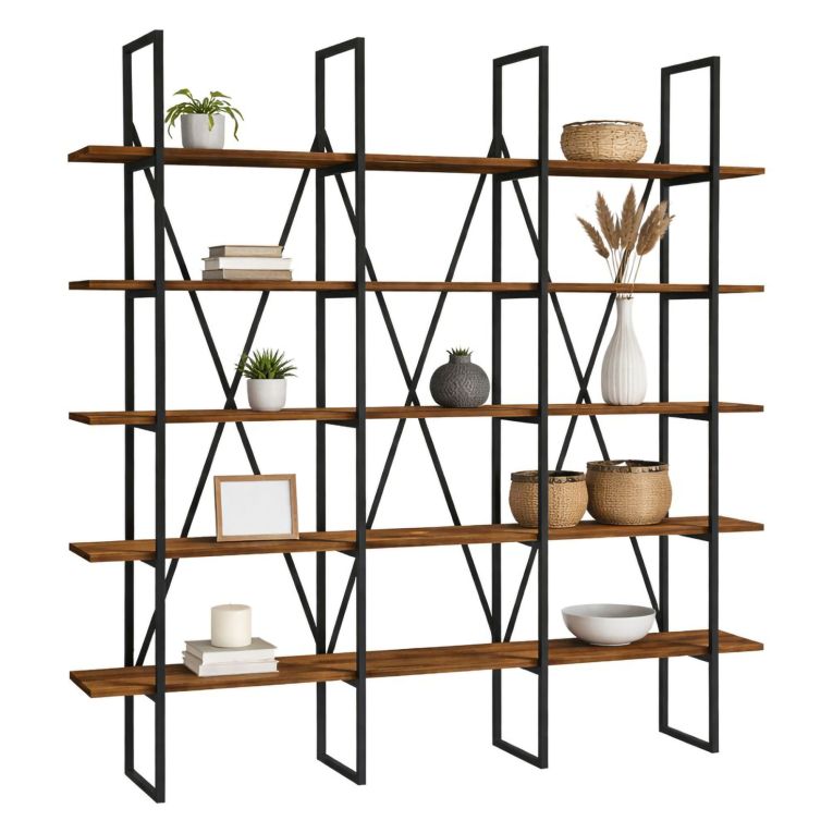 Libreria Marrone Noce Nero 5 Ripiani Installazione Libera 160x26x160h cm, Utilizzabile Come Divisorio Locale - Perletto