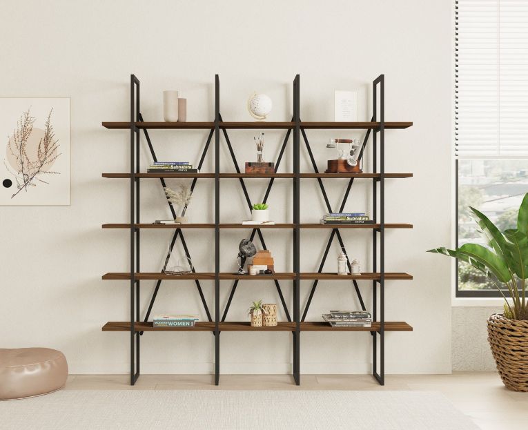 Libreria Marrone Noce Nero 5 Ripiani Installazione Libera 160x26x160h cm, Utilizzabile Come Divisorio Locale - Perletto