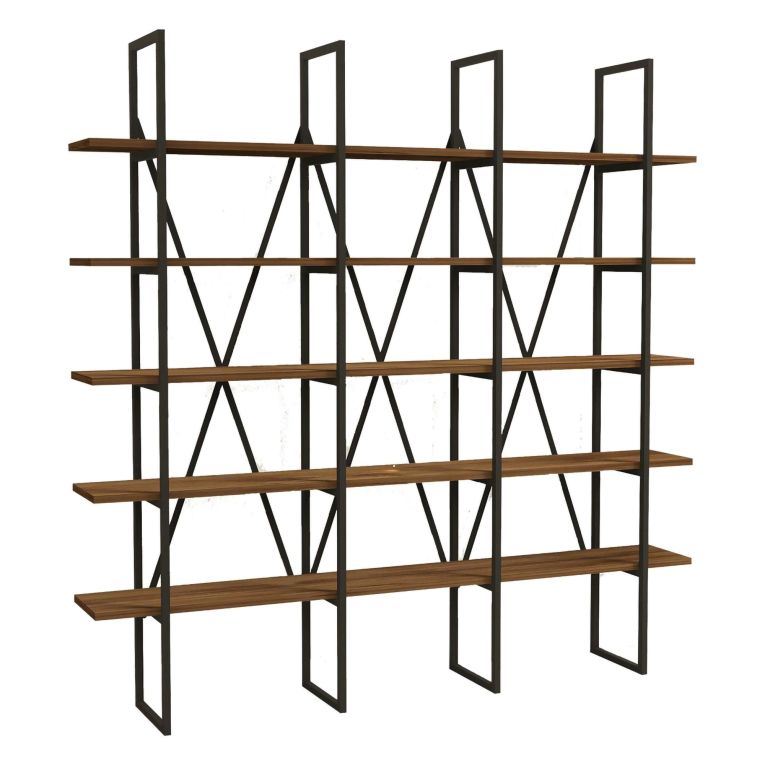 Libreria Marrone Noce Nero 5 Ripiani Installazione Libera 160x26x160h cm, Utilizzabile Come Divisorio Locale - Perletto