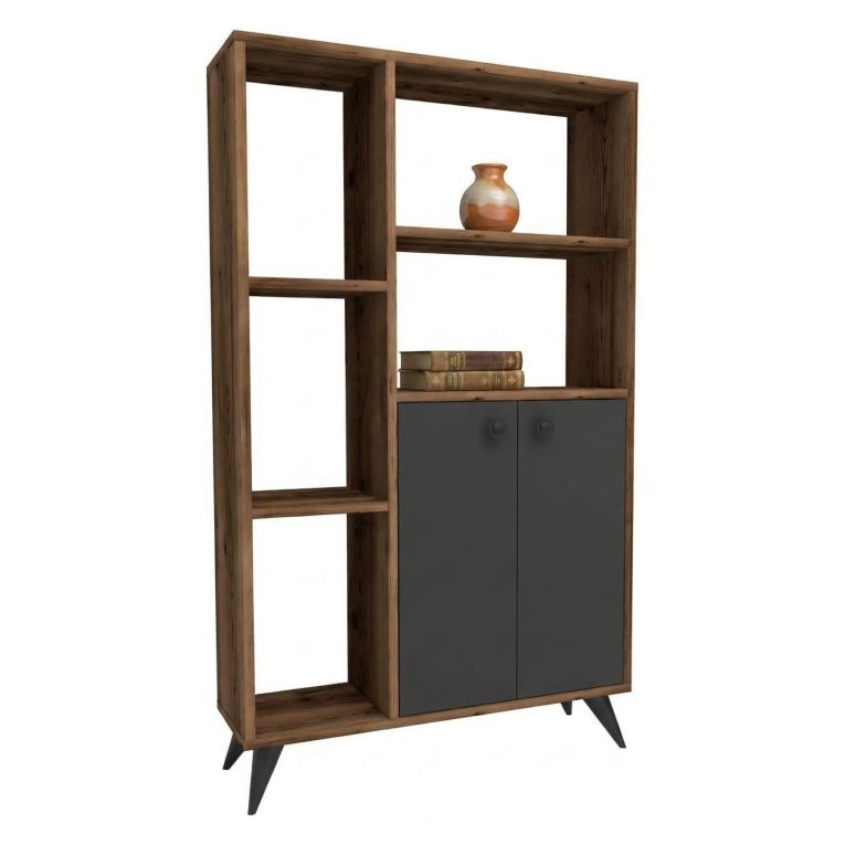 Libreria Marrone Noce Nero Antracite 5 Ripiani 2 Ante 80x25x136h cm, Installazione Libera - Taggia