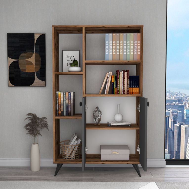 Libreria Marrone Noce Nero Antracite 5 Ripiani 2 Ante 80x25x136h cm, Installazione Libera - Taggia