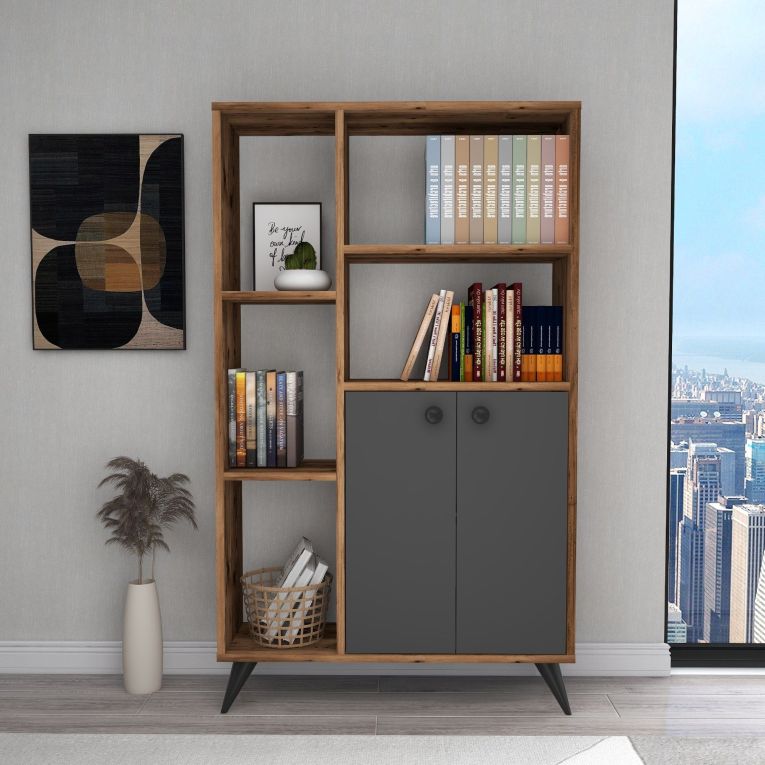Libreria Marrone Noce Nero Antracite 5 Ripiani 2 Ante 80x25x136h cm, Installazione Libera - Taggia