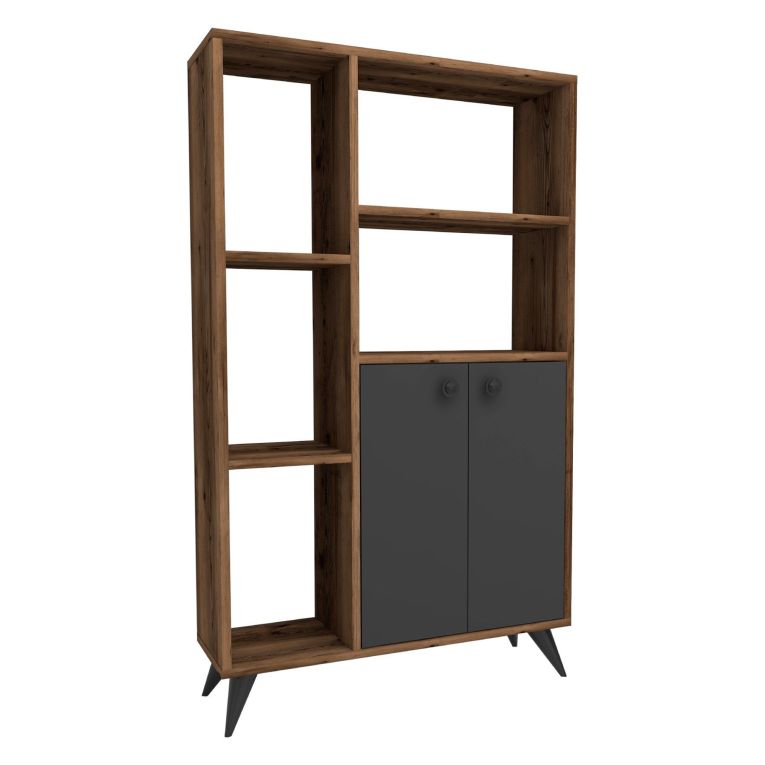 Libreria Marrone Noce Nero Antracite 5 Ripiani 2 Ante 80x25x136h cm, Installazione Libera - Taggia