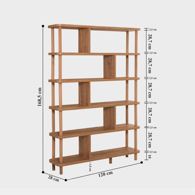 Libreria Marrone Quercia 5 Ripiani Installazione a Terra 120x28x168.5h cm, Sfumatura Colore Struttura Quercia - Amatrice