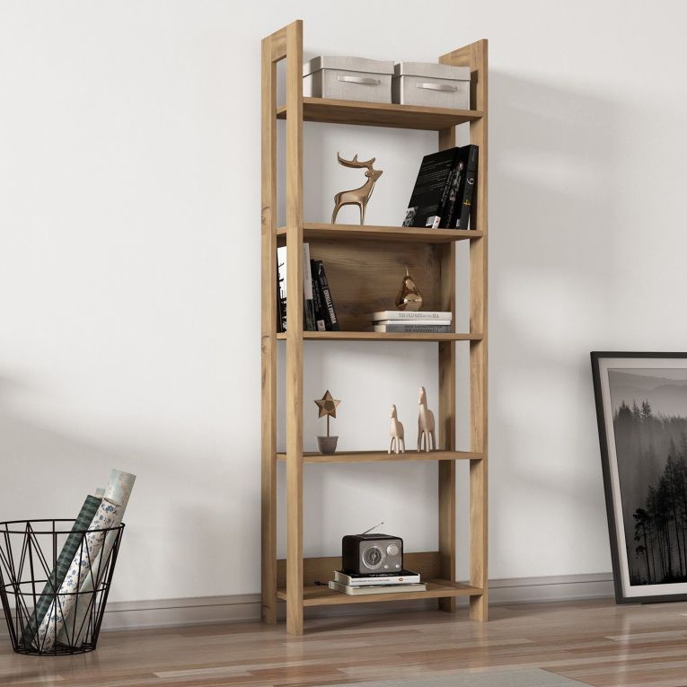 Libreria Marrone Rovere 5 Ripiani Installazione Libera 64x30x180h cm, Struttura Verticale - Mantello
