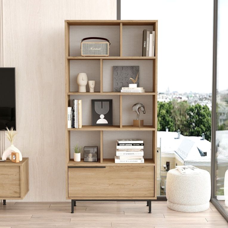 Libreria Marrone Rovere 8 Ripiani Un'anta 84x30x176h cm, Installazione Libera - Seneghe