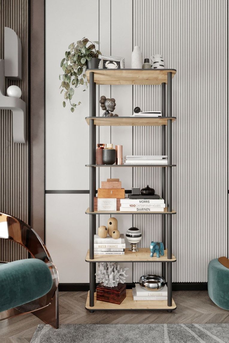 Libreria Marrone Rovere Nero 4 Ripiani Installazione Libera 60x30x173h cm, Sfumatura Colore Struttura Rovere - Nervina