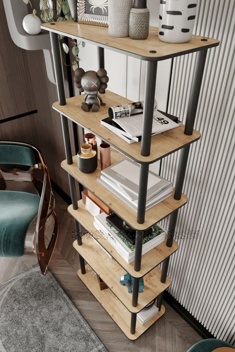 Libreria Marrone Rovere Nero 4 Ripiani Installazione Libera 60x30x173h cm, Sfumatura Colore Struttura Rovere - Nervina