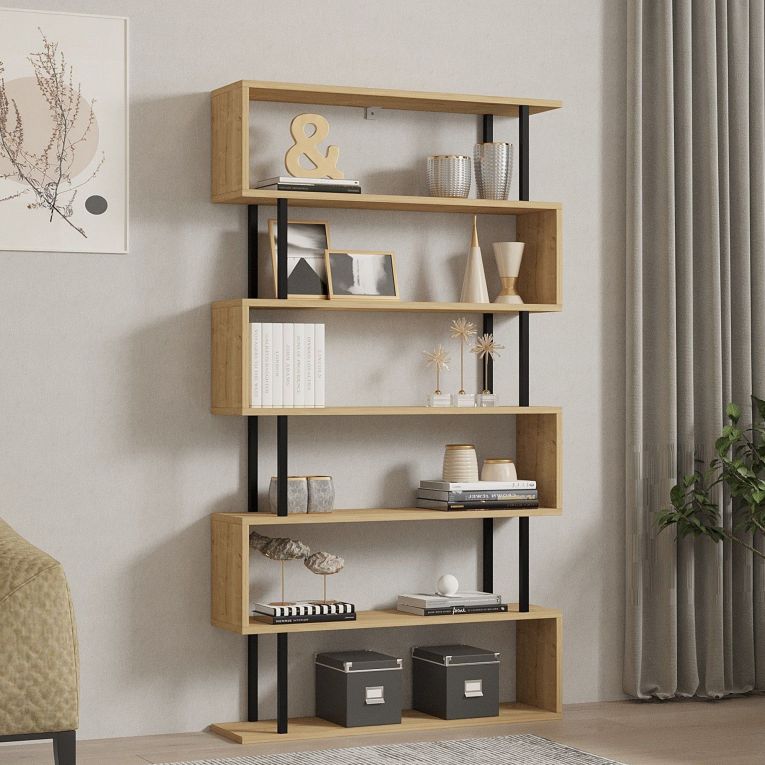 Libreria Marrone Rovere Nero 5 Ripiani Installazione Libera 90x22x163h cm, Sfumatura Colore Struttura Rovere - Stio