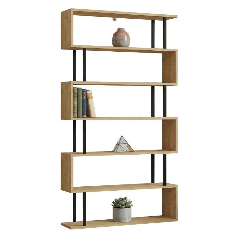 Libreria Marrone Rovere Nero 5 Ripiani Installazione Libera 90x22x163h cm, Sfumatura Colore Struttura Rovere - Stio
