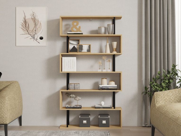 Libreria Marrone Rovere Nero 5 Ripiani Installazione Libera 90x22x163h cm, Sfumatura Colore Struttura Rovere - Stio