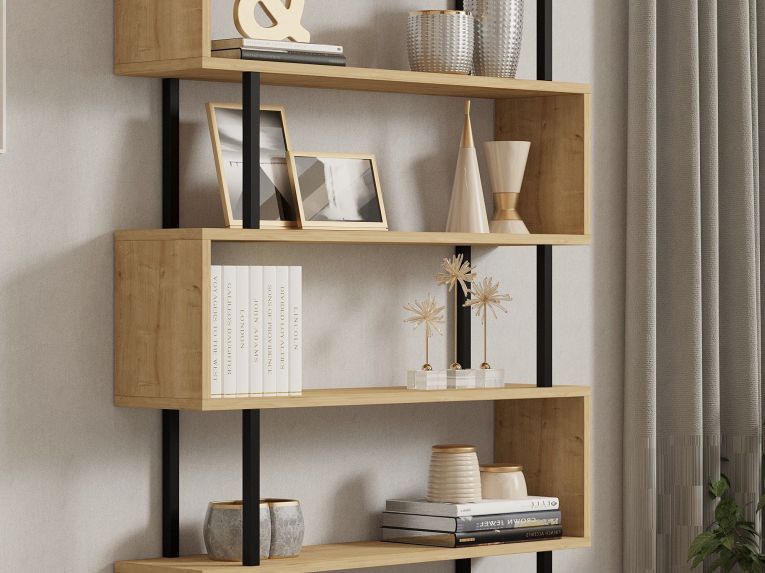 Libreria Marrone Rovere Nero 5 Ripiani Installazione Libera 90x22x163h cm, Sfumatura Colore Struttura Rovere - Stio