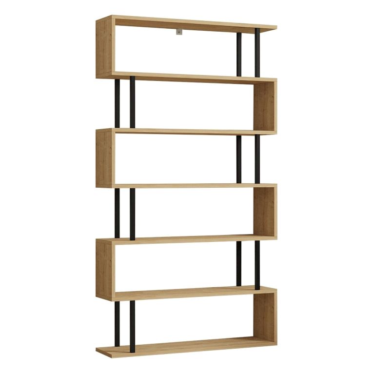 Libreria Marrone Rovere Nero 5 Ripiani Installazione Libera 90x22x163h cm, Sfumatura Colore Struttura Rovere - Stio