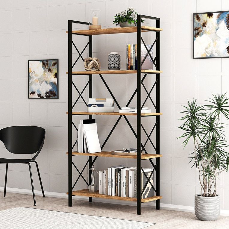 Libreria Marrone Rovere Nero 5 Ripiani Installazione Libera 90x34x180h cm, Sfumatura Colore Struttura Rovere - Mongiana