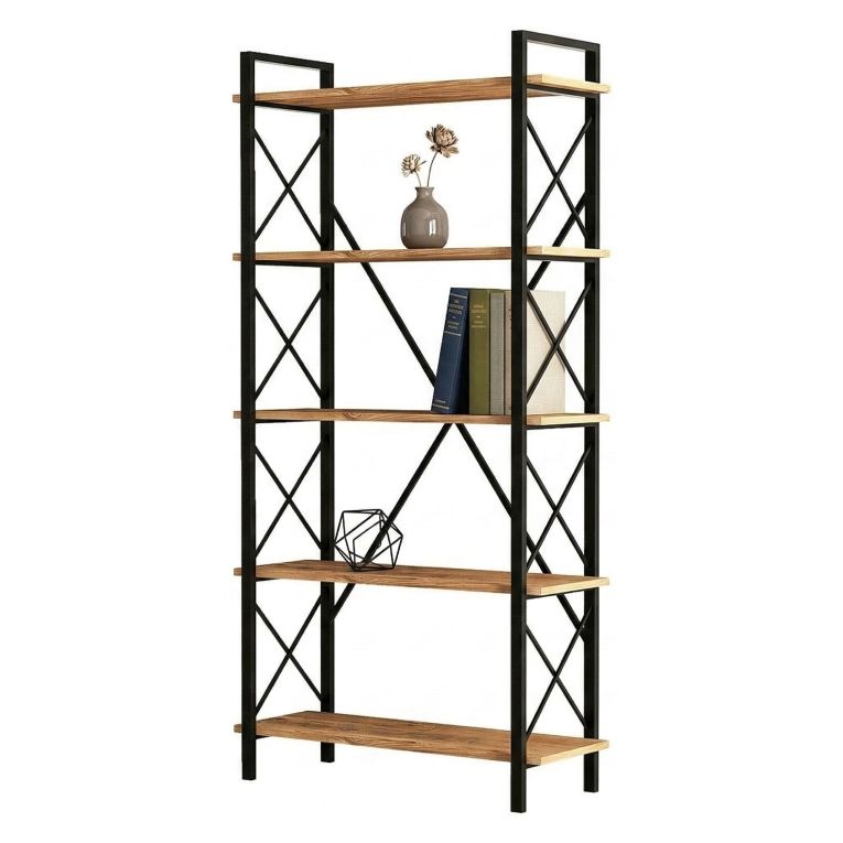 Libreria Marrone Rovere Nero 5 Ripiani Installazione Libera 90x34x180h cm, Sfumatura Colore Struttura Rovere - Mongiana