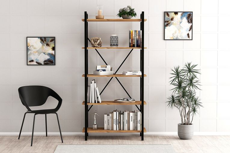 Libreria Marrone Rovere Nero 5 Ripiani Installazione Libera 90x34x180h cm, Sfumatura Colore Struttura Rovere - Mongiana